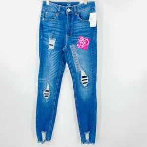 Almost Famous Womens Ankle Skinny Jeans Blue Distressed Stretch Juniors 3 New - Picture 1 of 8