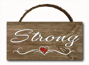 Strong Word Script Heart Hanging Wood Plaque Wall Sign Rustic Room Decor 12x6 - Picture 1 of 3