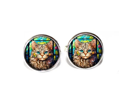 Abotoaduras de metal estilo vitral FAUX - Abotoaduras redondas feitas à mão de vidro - Imagem 1 de 3