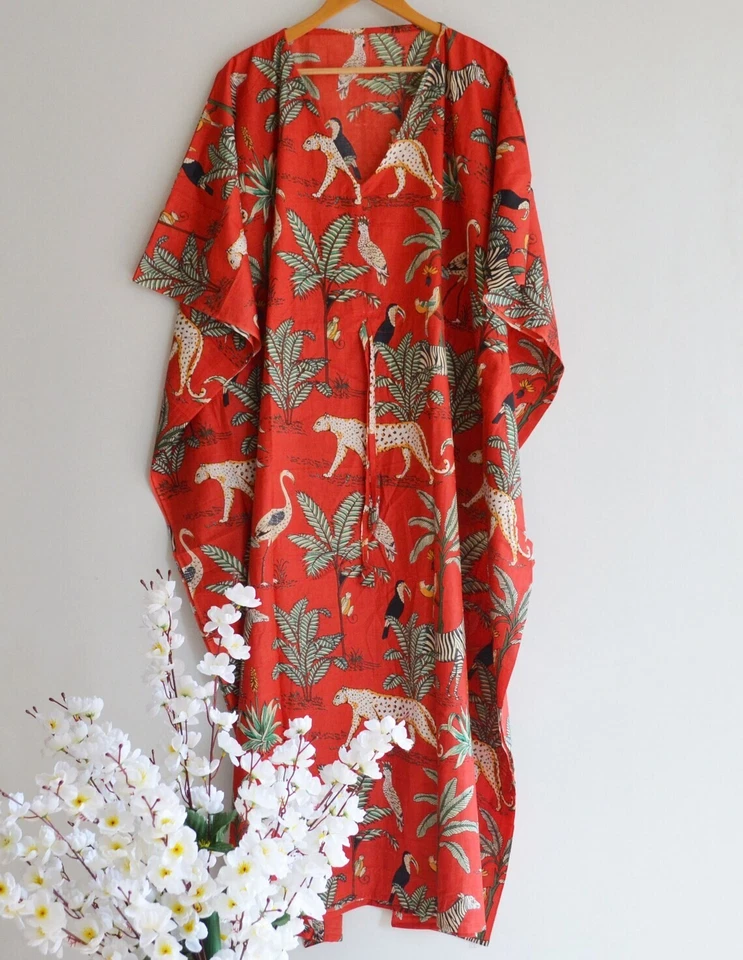 Indian Vintage 100% Cotton Long Beach Maxi Kaftan Dress One Size Caftan Kimono - Image 1 of 4