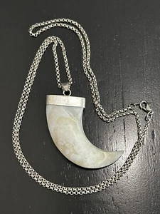 Stone Horn Claw Pendant Silver Necklace 925 Charm Vintage Chain 28" - Picture 1 of 10