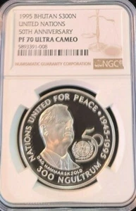 1995 BHUTAN SILVER 300 NGULTRUMS UNITED NATIONS NGC PF 70 ULTRA CAMEO PERFECT - Picture 1 of 5
