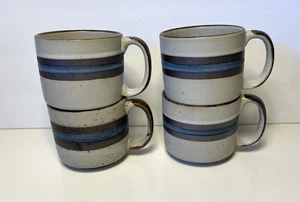 Vtg 1970s Otagiri Horizon blue brown striped stoneware ceramic soup mug set of 4 - Picture 1 of 8