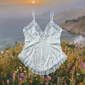 VTG 90s Floral Lace Womens L Camisole Tank Top Cami White Coquette Girlie - Picture 1 of 6