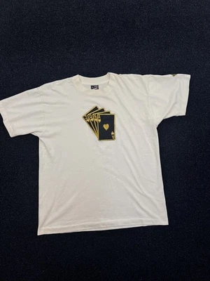 Camiseta masculina vintage Fruit of the Loom bordada dourada grande cartas de pôquer anos 90 - Imagem 1 de 4