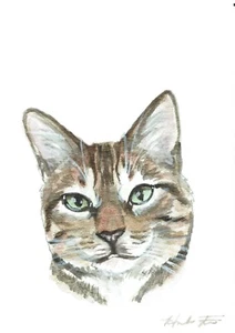 ACEO Original Aquarell Gemälde 2,5"x3,5" Tabby Kätzchen Katze Haustier Porträt - Bild 1 von 2