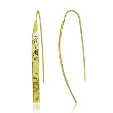 Yellow Gold Flashed 925 Silver Hammered Curved Long Bar Threader Drop Earrings