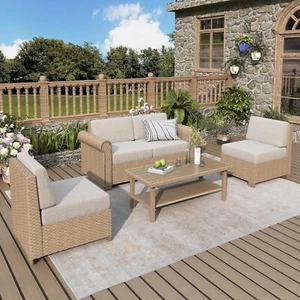 5PCS Patio Furniture Set Outdoor Rattan Wicker Sectional Conversation Sofa Set - Picture 1 of 10