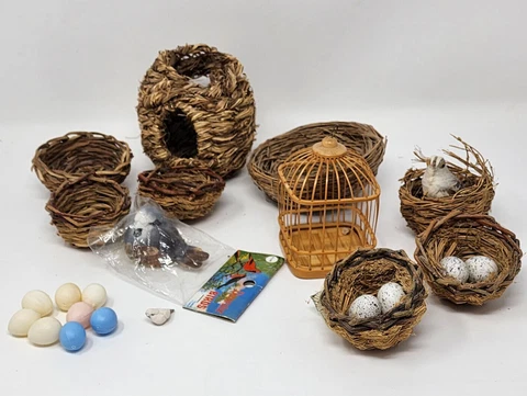 Bird Nest Grass Twig Bamboo Bird Cage Plastic Eggs Birds Lot of Assorted Small Cover