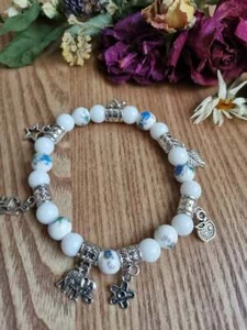 Blue Flower Porcelain Beads/ White Alabaster Gemstone Bracelet - Picture 1 of 5