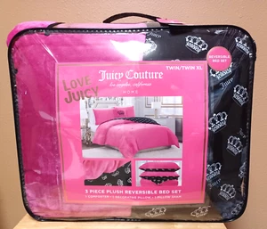 Juicy Couture TWIN/TWIN XL Reversible Comforter Set Plush Hot Pink/Black /Crowns - Picture 1 of 5