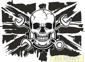 Union Jack Mechanic Skull vinyl decal for car black 540mm x 750mm - Picture 1 of 2