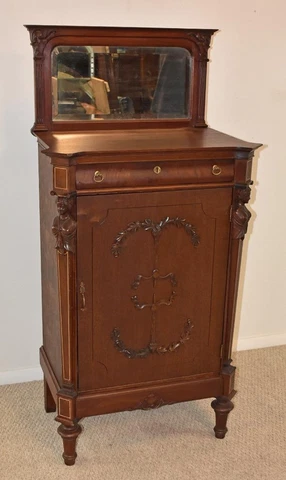 Renaissance Revival Sheet Music Cabinet, Mahogany, Carvings Cover