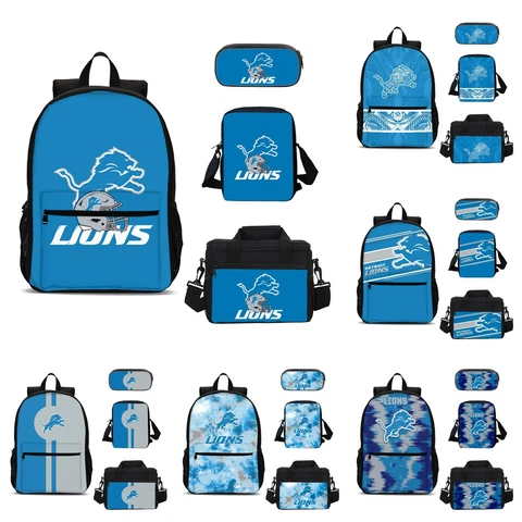 Detroit Lions 4PCS School Backpacks Kids Lunch Bag Crossbody Bag Penilcase Gifts Cover