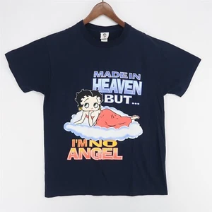 Vintage Betty Boop T Shirt Medium Navy Blue Made In Heaven But I'm No Angel '01 - Picture 1 of 7
