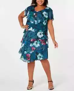 SLNY Teal Multi Women's Short Sleeve Tier Print Short Dress, 12 - Picture 1 of 6