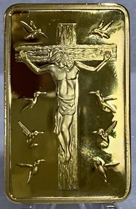 * Jesus Christ Crucified & 10 Commandments Gold Plated Bar Metal Coin In Capsule - Picture 1 of 2