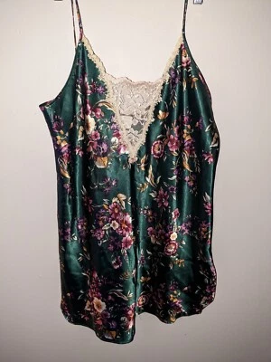 复古女式大号加州 Miss Chemise 缎面和蕾丝美国绿色花卉印花 80 年代  — 第 1/4 张图片