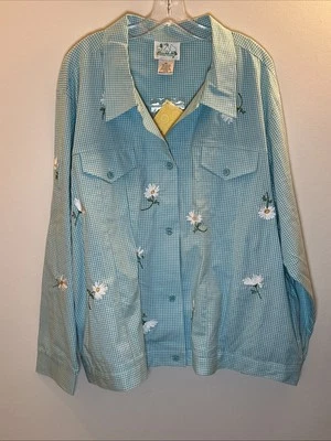 Quacker Factory Stretch Blue & White Gingham Daisy Jacket w/Button Covers 3X NWT - Image 1 of 4