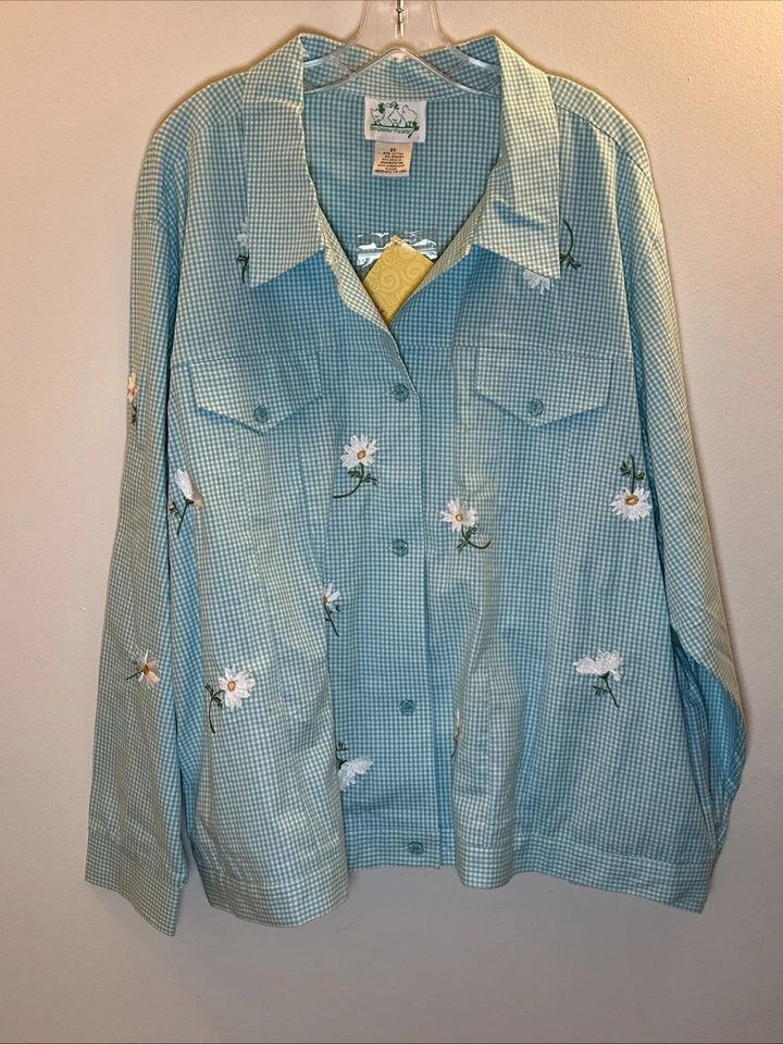 Quacker Factory Stretch Blue & White Gingham Daisy Jacket w/Button Covers 3X NWT - Image 1 of 4
