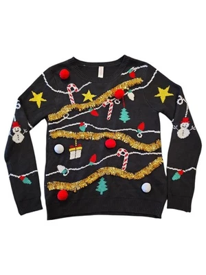 Suéter No Boundaries XL 15-17 Feo Navidad Oropel Negro Pom Jingle Bells Foto 1 de 4