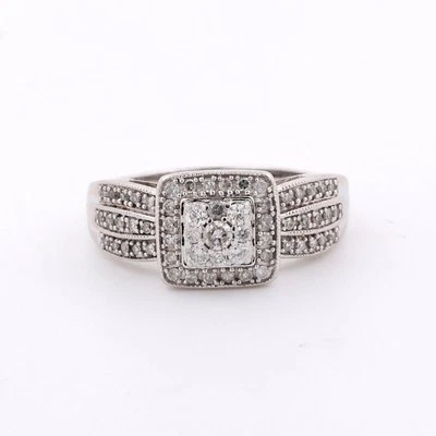 Square Cluster Diamond Halo Ring 10K White Gold 0.65 TW Round Diamonds Size 8 - Image 1 of 4