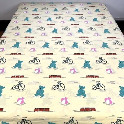 Ikea Twin Duvet Cover Kids Bears Train Tricycle Beach Ball Yellow Cotton 84"x62" - Image 1 of 4