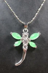 Genuine Green Jade 18KGP Cubic Zirconia Dragonfly Pendant Chain Necklace - Picture 1 of 5