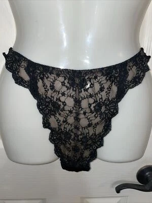 Calcinha de renda vintage Victorias Secret biquíni tanga preta perna alta forro de malha nude M/G - Imagem 1 de 4