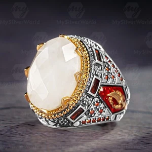 925 Sterling Silver Red Enameled Natural Faceted Moonstone Handmade Men Ring - Picture 1 of 5