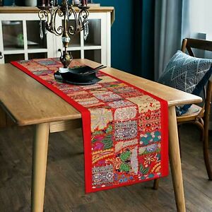 Handmade Indian Cotton Patchwork Table Runner Embroidered Dining Table Tapestry