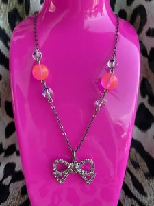 Tarina Tarantino Vintage Sweet Bow Swarovski Crystal Hot Neon Pink Necklace - Picture 1 of 8