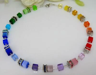 Halskette Würfelkette 8mm Cube Cat Eye Kristallglas mehrfarbig bunt Strass 511a - Bild 1 von 4