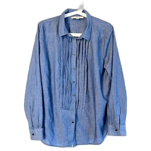 Ann Taylor Loft Blouse Women's L Blue Chambray Tuxedo Bib Top - Picture 1 of 9
