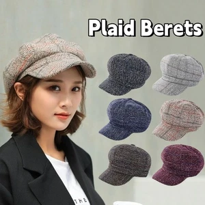 Thick Plaid Octagonal Hat Ear Protection Painter Caps Artist Hat Winter - Photo 1/18