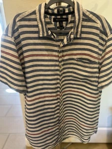 Camicia Tommy Hilfiger personalizzata lino uomo blu rosso beige righe SS bottoni XL - Foto 1 di 4