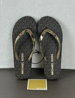 Michael Kors Women's MK Signature Logo Flip Flops Brown/Gold Size 9 M New - Image 1 of 4