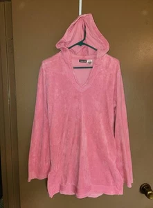 Vintage M Womens Joe Boxer Pink Terry Cloth Cover Up Hoodie Long Sleeve Shirt - Picture 1 of 5