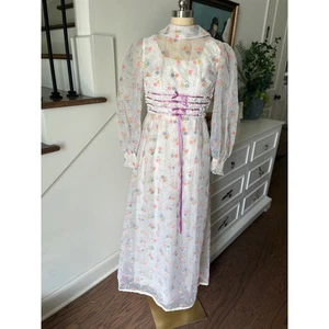 Romantisches Cottagecore Prairie Kleid Vintage 70er beflockt Blumen Rüschen Maxi Gr. S? - Bild 1 von 6