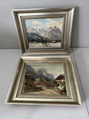 Lote de 2 chalets de esquí vintage firmados M. Sammet pintura al óleo sobre lienzo Foto 1 de 4