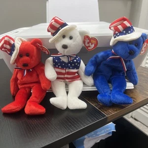 3er Set Ty Beanie Babys Sam der patriotische Bär. NOS. - Bild 1 von 13