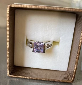 Sterling Silver $150 Half Bezel 2 CT Princess Cut Light Purple CZ Ring size 6.75 - Picture 1 of 8