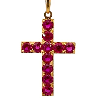 Vintage 18K Rose Gold Synthetic Round Ruby Cross Pendant - J442 - Image 1 of 4
