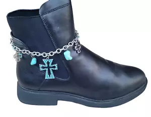 Pair Silver Finish Boot Chain Bracelet Shoe Cross Charm Chain W Turquoise Stone - Picture 1 of 3