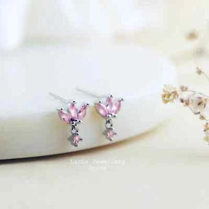 925 Sterling Silver Dangling Crystal Pink Tourmalin CZ Marquise Stud Earrings - Picture 1 of 4