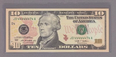 COLLECTORS ITEM #07 - NEAR SOLID SERIAL 44444474 - FR#2041-D JDA - evTT3 - Image 1 of 2