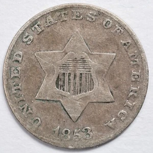 1853 Type 1 Three Cent Silver 3C Trime Very Fine (VF) - Picture 1 of 4