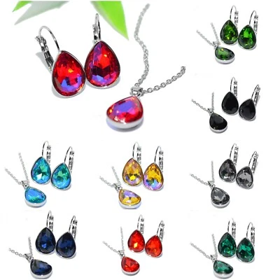 SET EDELSTAHL KRISTALL Tropfen Brisur Ohrhänger Ohrringe silber Glas Halskette - Bild 1 von 4