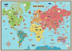 KIDS ANIMAL MAP OF THE WORLD EDUCATIONAL KAM02 A4 A3 POSTER BUY2 GET 1 FREE - Picture 1 of 3