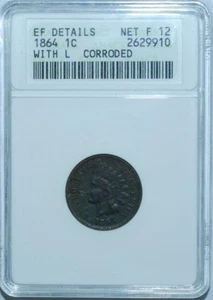 1864 ANACS XF Details FS-2302 L on Ribbon RPD Repunched Date Indian Cent - Picture 1 of 3